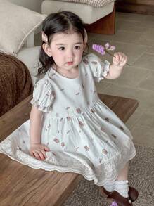 Dazy Kids Robe d'été style coréen à manches bouffantes et imprimé ours de dessin animé pour tout-petites filles