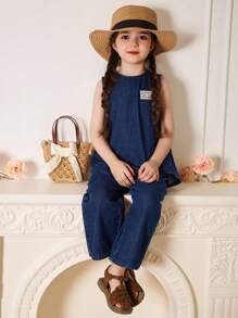 Dazy Kids 女童休闲圆领无袖水洗牛仔衬衫和宽松牛仔裤两件套 - 寶藍色 - 查看 1
