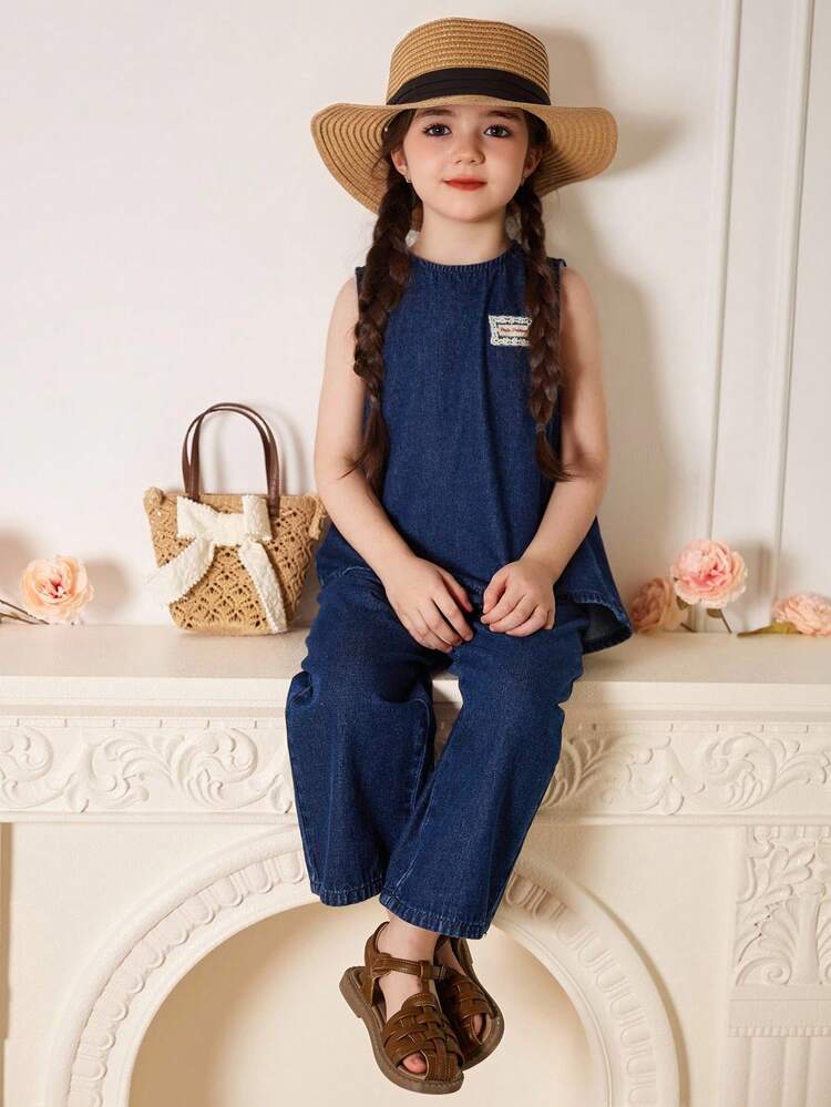 Young Girls Casual Round Neck Sleeveless Washed Denim Shirt And Loose Denim Pants 2Pcs Set