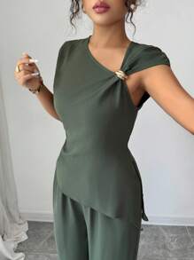 Elenzga 2 件套女士露肩上衣，金属装饰，宽松直筒裤，优雅度假装，百搭