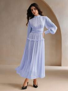 Anewsta 优雅纯色泡泡袖褶饰腰连衣裙 - 紫羅蘭色 - 查看 6