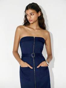 Lumivelle 女士优雅抹胸翻盖口袋中长工装连衣裙 - 藏蓝色 - 查看 5