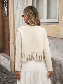 Brillora Women's Solid Color Fringe Trim Open Front Jacket In Fall/Winter