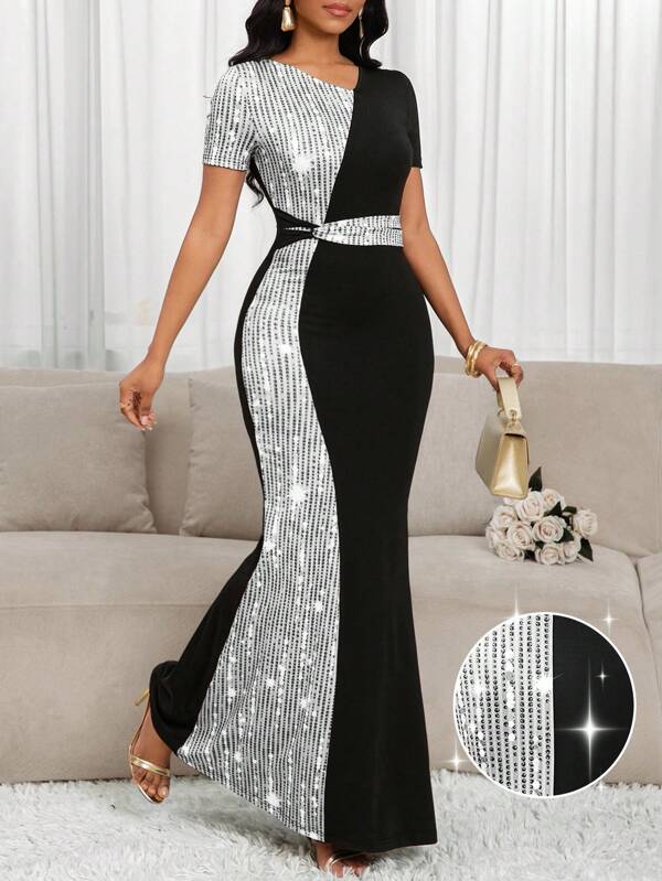 SHEIN Lady Vestido de sirena elegante de mujer con estampado de lentejuelas y color contrastante, adecuado para cumpleaños, eventos, oficina, iglesia, boda, vacaciones y fiestas formales