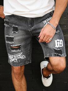 Manfinity LEGND 男士字母印花贴袋做旧休闲百搭牛仔短裤 - 深灰色 - 查看 6