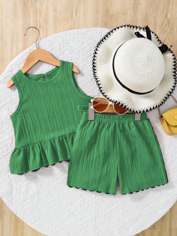 SHEIN Explorewe Set de 2 piezas que incluye top sin mangas de cuello redondo en color liso y shorts holgados de color liso, para niña joven