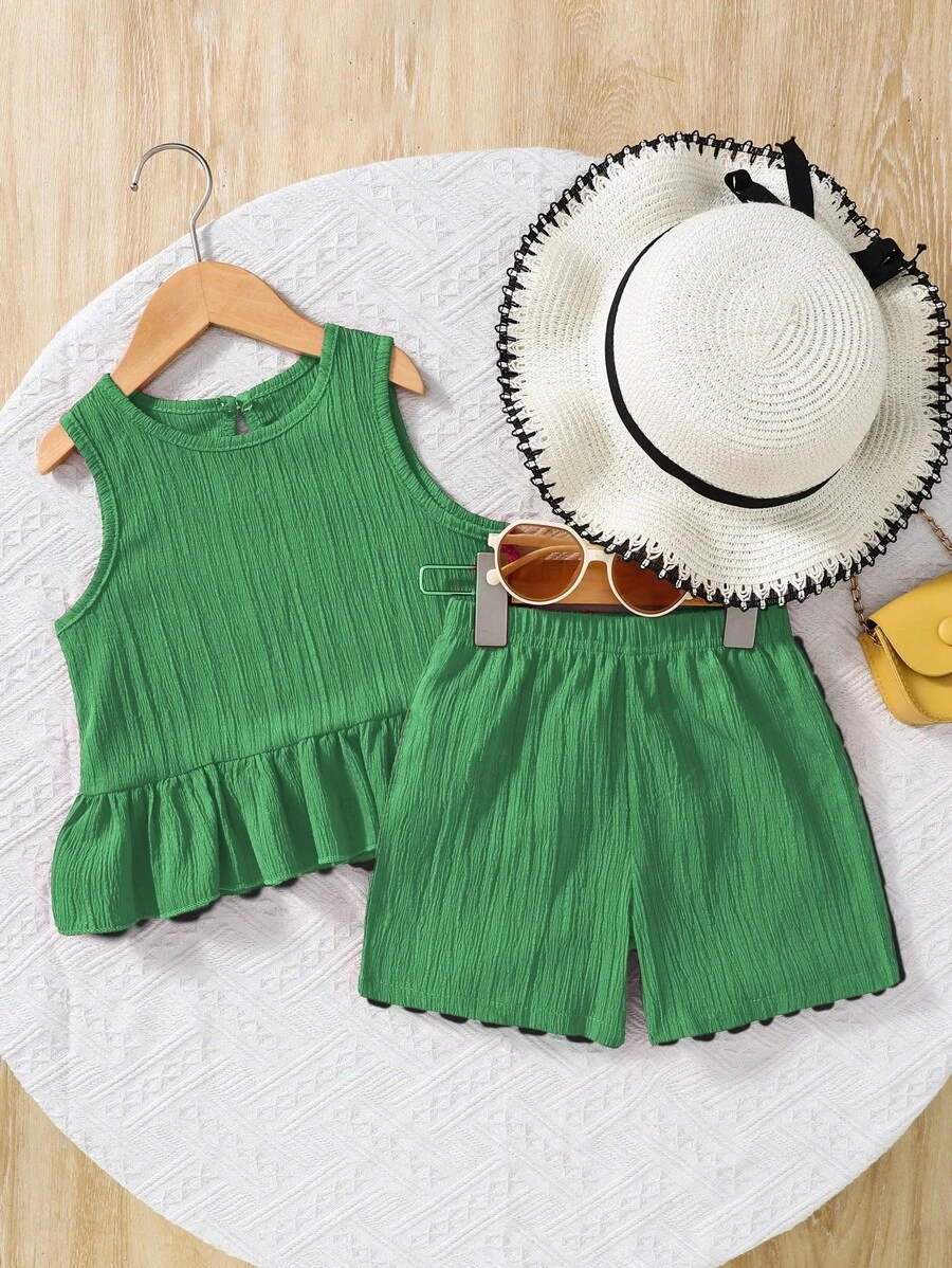 Genkimix Kids 2 件套少女梭织纯色圆领无袖上衣和宽松梭织纯色短裤套装 - 綠色 - 查看 1