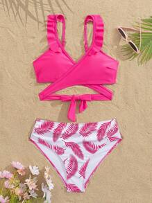 SHEIN Swim Women's Solid Fuchsia Minimalist Camisole Top And Leaf Print Swimwear Bottom Set For Summer Beach Vacation