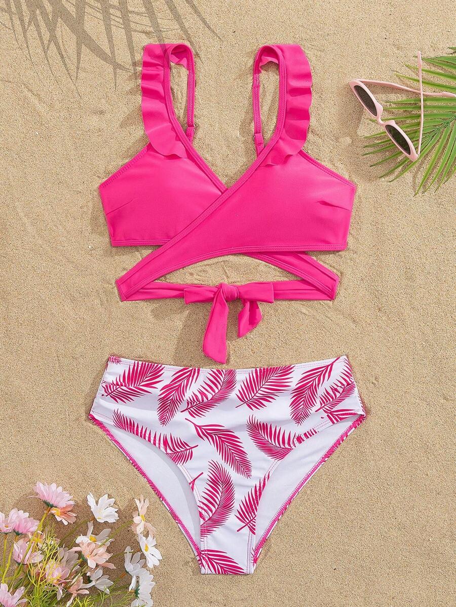 SHEIN Swim Women's Solid Fuchsia Minimalist Camisole Top And Leaf Print Swimwear Bottom Set For Summer Beach Vacation