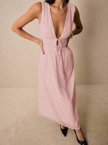 Poéselle Women's Sexy V-Neck Polka Dot Print Long Dress, Summer - Baby Pink - View 6