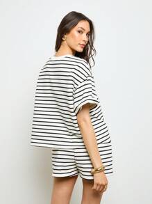 AiiRZ 舒适条纹休闲套装棉混纺睡衣短袖夏季睡衣宽松两件套睡衣家居服 - 彩色 - 查看 2