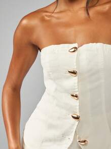 MISSGUIDED Bandeau Strapless Denim Button Front Top Summer Festival Retro Style Gold Button Details Frayed Edge Raw Cut - White - View 4