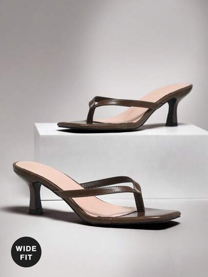 SHUZIA 宽版女式小猫跟方头一脚蹬亮面 PU 橄榄色人字带凉鞋 - 优质加大码，舒适穿着，适合婚礼、晚会和正式活动