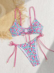 Swim Mod Conjunto de bikini de estilo de vacaciones lindo con estampado floral Ditsy, tanga con nudo para mujer para verano, playa y festivales de música, accesorios con diseño de caracol