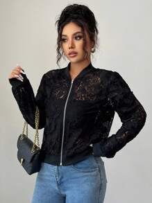 Elenzga Chaqueta de encaje de unicolor elegante para mujer, ideal para el transporte - Negro - Ver 4