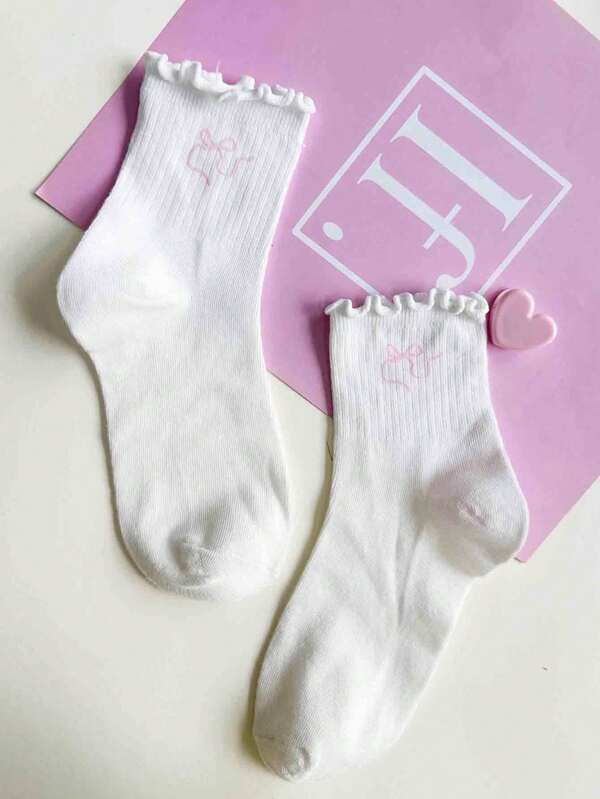Babi Basques Pink Fluttery Bow Adorable Mid-Calf Socks For Women
