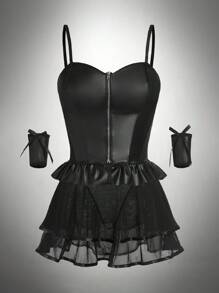 SHEIN 5件套女士性感内衣套装，含荷叶边吊带背心、内裤和腕带 - 黑色 - 查看 6