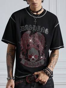 ROMWE MEN Grunge Punk Áo thun nam mùa hè giản dị đường phố tối màu cánh đầu lâu đính đá tương phản chữ - màu đen - Xem 5