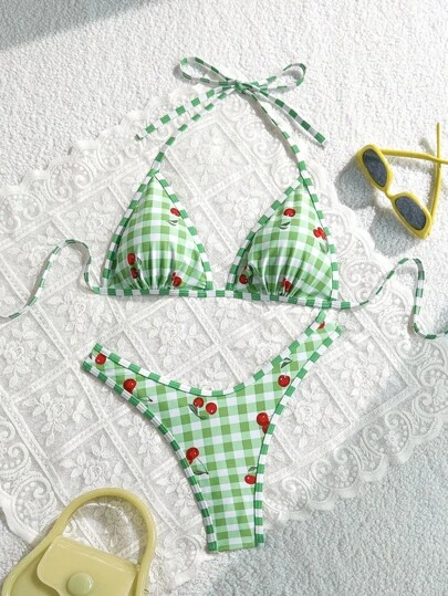 Swim Mod Women's Summer Beach Plaid Cherry Print Halter Tie Front Sexy Bikini Set