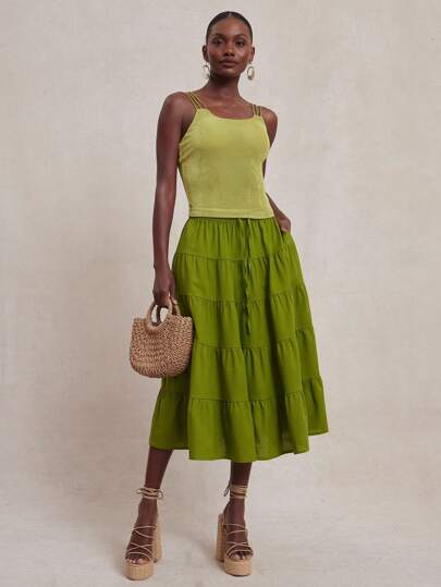 NYA SZN Váy cạp cao có dây rút năm tầng, thường ngày, đi chơi, dự tiệc, sự kiện, ngày nghỉ, dễ thương, giản dị, nhà thờ, miền Tây, mùa thu, mùa đông