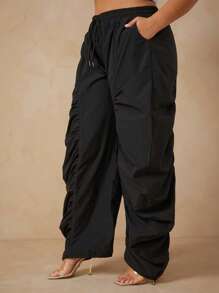 Ruched Wide Leg Drawstring Waist Woven Casual Office Pants - Black - View 4