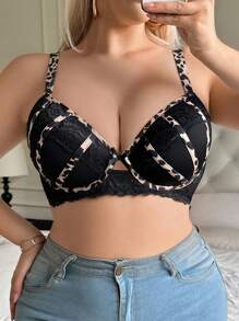 SHEIN 1 件大码女士蕾丝拼接钢圈文胸 - 黑色 - 查看 1