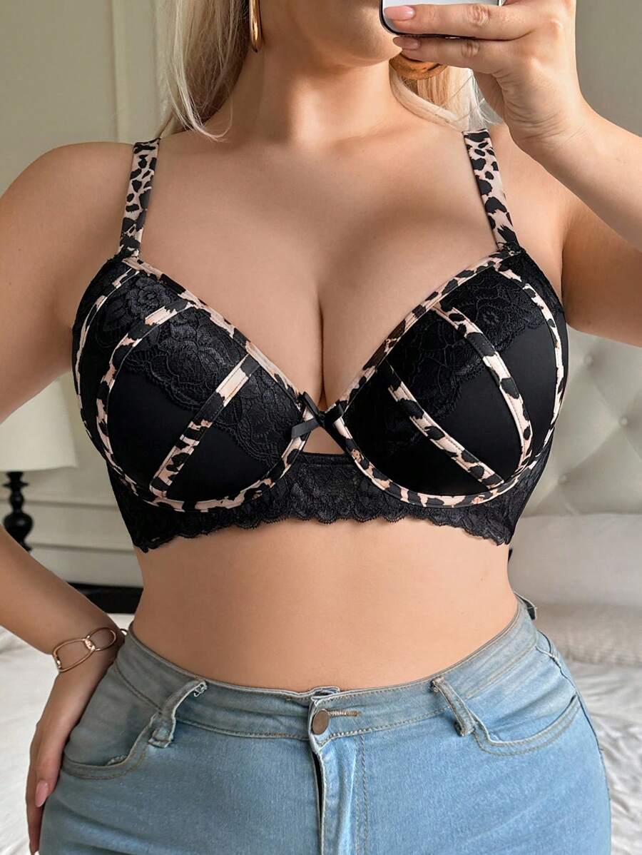 SHEIN 1 件大码女士蕾丝拼接钢圈文胸 - 黑色 - 查看 1