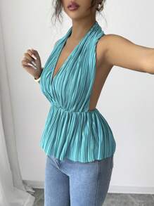 Rafferiza Neck Tie Gathered Waist Casual Commuter Blouse, Spring/Summer - Blue - View 5