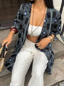 Sunnyshic Multi-Color Cashew & Paisley Pattern Retro Retro Print Spring/Summer Boho Beach Resort Travel 3/4 Sleeve Cardigan Jacket - Multicolor - View 4