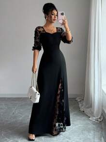 Elenzga 时尚高端优雅3D花卉网眼拼接女装 - 黑色 - 查看 1