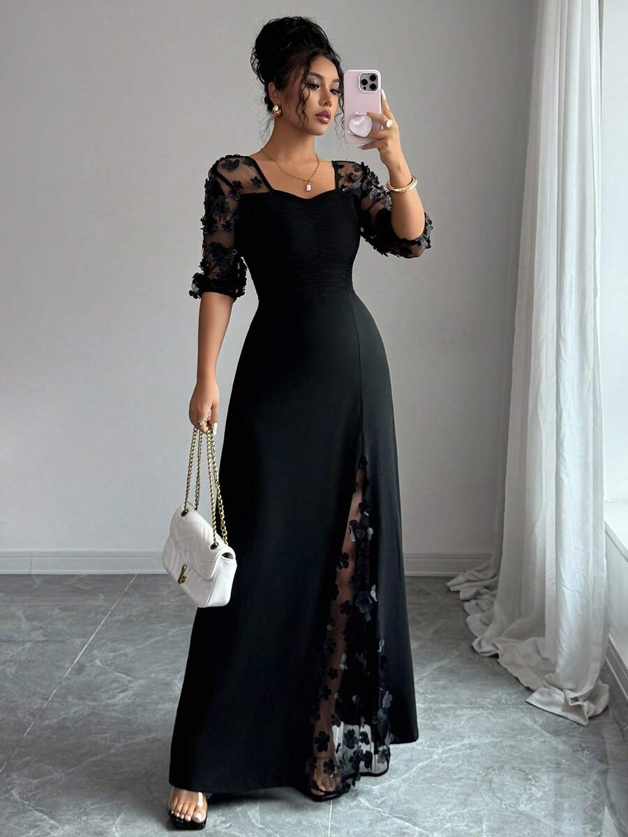 Elenzga 时尚高端优雅3D花卉网眼拼接女装 - 黑色 - 查看 1