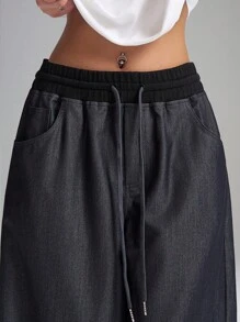 LYSMO 2025 新款女式抽绳腰部拼接腰带口袋阔腿锥形休闲裤，适合多种场合，简单易搭配，休闲通勤前卫女性和独特的毕业、返校、毕业典礼、教师 - 藏蓝色 - 查看 7