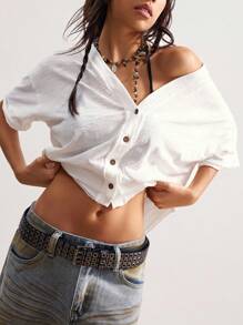 Bohemela Casual Solid Color Loose Batwing Short Sleeve Knit T-Shirt For Women Open Back Shirts Low Cut Shirt Summer Shirts Woman Blouse Summer Loose Shirt