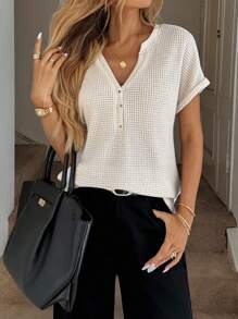 SHEIN LUNE Women V-Neck Front Button Textured Waffle Knit Casual Vacation T-Shirt, Summer - Beige - View 1