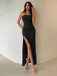 Aloruh 女士优雅修身开衩下摆露肩连衣裙 - 黑色 - 查看 3