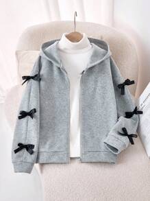 SHEIN Sparklyn 青少年女孩拉链连帽衫，新款秋冬长袖连帽运动衫，斑点灰色上衣，袖子上饰有平行黑色蝴蝶结，舒适修身休闲运动连帽衫，适合家庭/姐妹穿着 - 灰色 - 查看 3