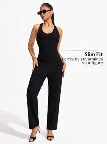 INAWLY Women's Round Neck Sleeveless Casual Denim Jumpsuit - Black - View 4