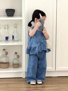 SHEIN 2 件套女婴牛仔上衣和裤子套装，乡村风格时尚休闲基本款组合，适合春夏过渡 - 藍色 - 查看 3