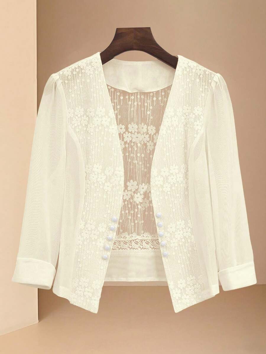 SHEIN Clasi 25 chiếc áo khoác mỏng chắp vá ren mùa hè mới cho nữ - Màu be - Xem 1