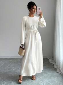 INAWLY Damen einfarbiges Midikleid mit rundem Ausschnitt, Langarm und Taillenbindung, Lässig - Aprikosenfarben - Übersicht 6