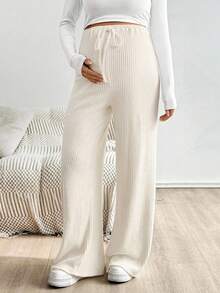 SHEIN 秋装,秋季服装,孕妇装 秋冬孕妇装 抽绳装饰松紧腰纯色阔腿裤 孕妇裤 白色阔腿裤 针织裤 阔腿裤 喇叭裤