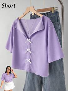 大码女式迷人休闲V领荷叶边蝴蝶结短袖T恤，母女装（2件分开出售） - 紫色 - 查看 1