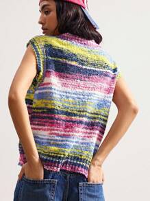 Bohemela 波西米亚风女式彩色条纹 V 领休闲宽松毛衣背心，复古乡村风格度假夏/秋季 - 彩色 - 查看 6