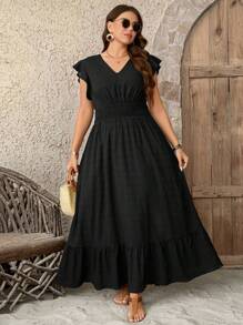 SHEIN LUNE Vestido largo con bajo fluido de tela texturizada para mujer de talla grande, vestido de verano para graduación, atuendo para el 4 de julio, graduación en blanco