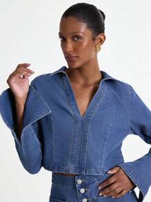 Daynim Women Casual Commuter V-Neck Cropped Denim Top Autumn - Medium Wash - View 4