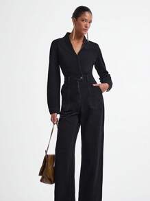 Daynim 女式休闲长袖黑色牛仔连体裤