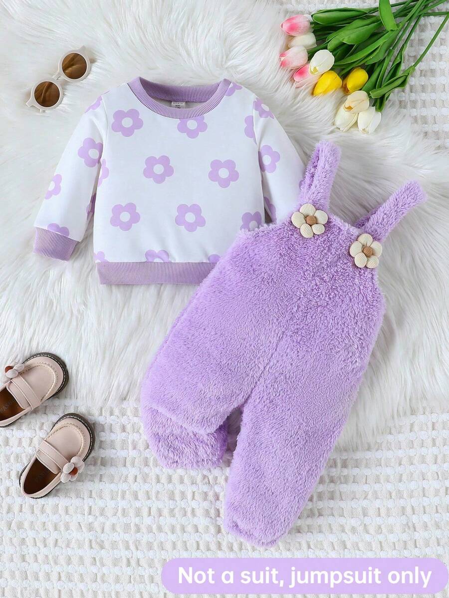 SHEIN Vintaside Kids Bộ áo liền quần hai mặt bằng vải nỉ họa tiết hoa, màu trơn, ấm áp cho bé gái, không kèm áo trên, thích hợp cho mùa thu/đông. - Màu tím - Xem 1