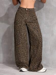 SHEIN 少女复古 90 年代豹纹宽松口袋休闲低腰牛仔裤，百搭牛仔阔腿牛仔裤 Y2k，女童教师装，女童返校装，教堂礼服，女童商务休闲装，工装牛仔连衣裙，女童秋冬宽松裤