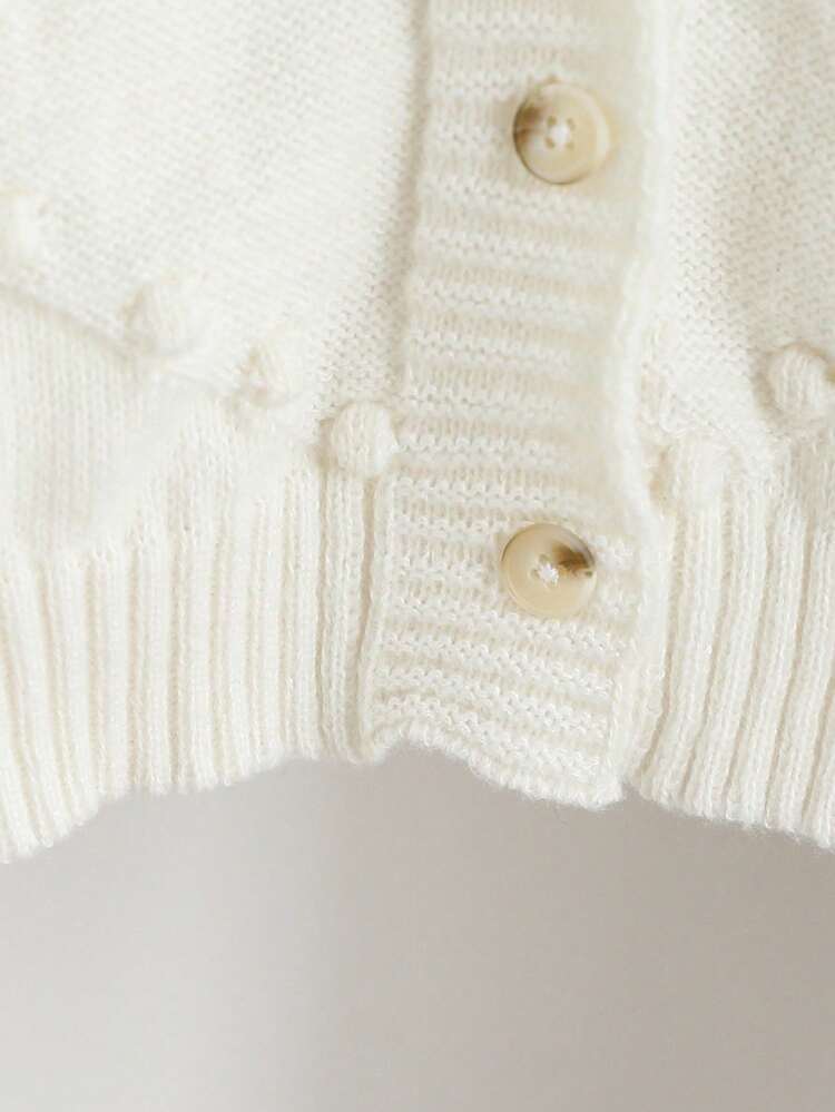 SHEIN Vintaside Kids Girls New Complex Crafted Wavy Ball Knitted Cardigan Long Sleeve Girls Cardigan Sweater Girl Cardigan Sweater Little Girls Button Up Sweater Girls White Cardigan Bobble Knit Cardigan Fall Winter - White - View 3