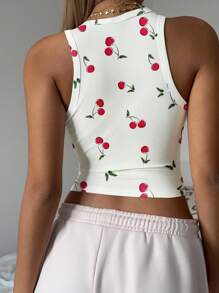 SHEIN EZwear Top aderente a girocollo con stampa di ciliegie, stile casual minimalista, adatto per l estate, per donne